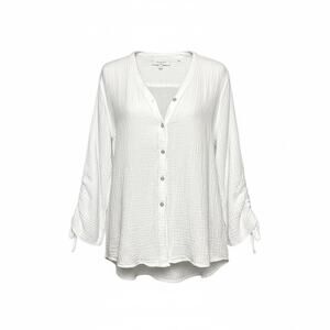 Foxcroft White Gauze Cotton Button Blouse XL Ruched Sleeves Boho Chic Coastal